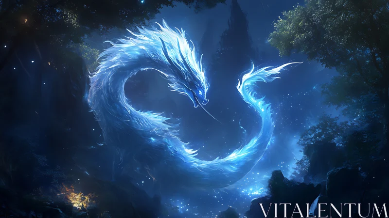 Moonlit spirit dragon curls gently above a quiet forest