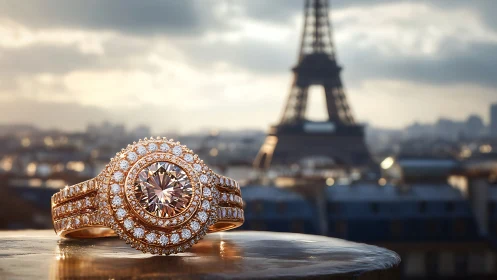 Rose gold diamond halo ring glows against romantic Paris backdrop