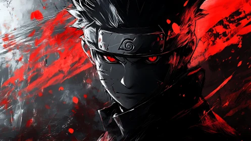 Dark anime ninja portrait with intense red splatter art