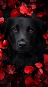 Midnight-eyed black dog surrounded by falling red petals.