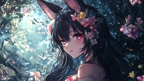 Forest fox-eared girl gazes back amid glowing blossoms.