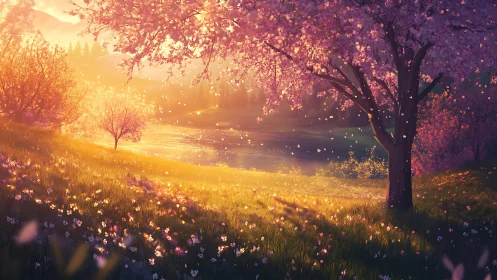 Spring meadow sunrise with cherry blossom trees by riverside