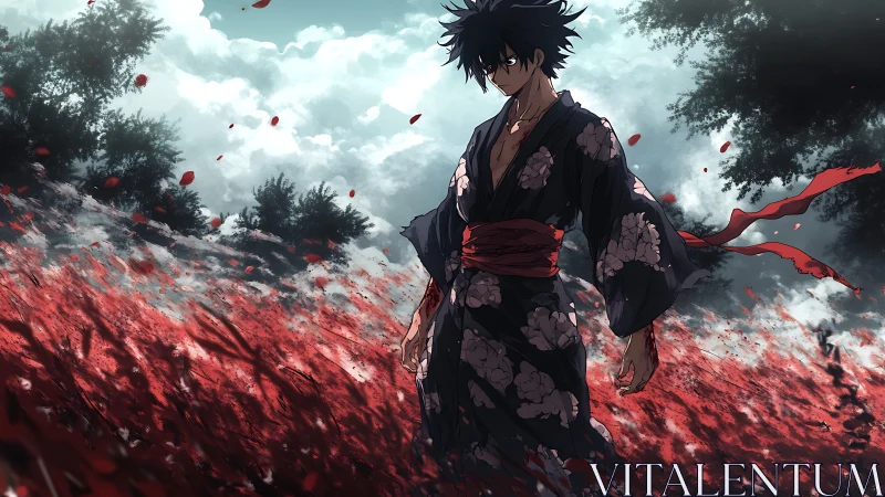 Storm-eyed ronin wandering a crimson field of restless petals.
