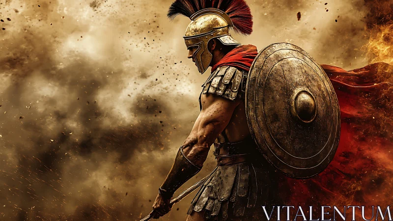 Warrior in crimson cape strides through swirling battlefire.