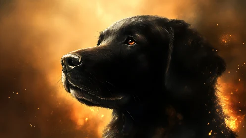 Emberlit gaze crowns the black dog in molten twilight glow