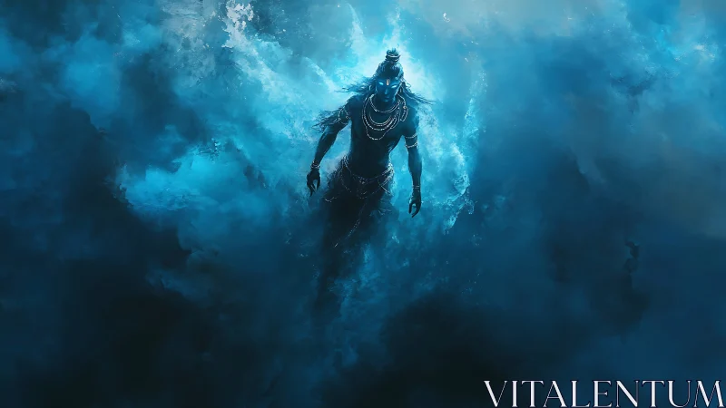 Mythic humanoid figure in blue mist with glowing eyes.