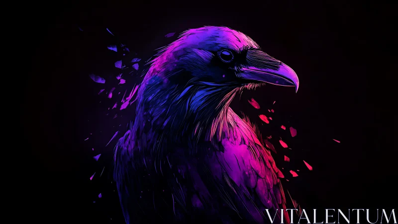Neon-lit raven portrait renders avian form in chromatic shards