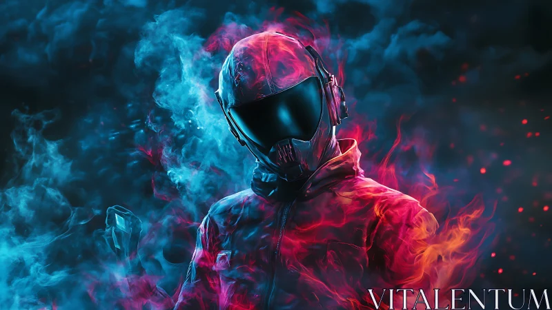 Hooded sci fi soldier in neon smoke and glowing fire.