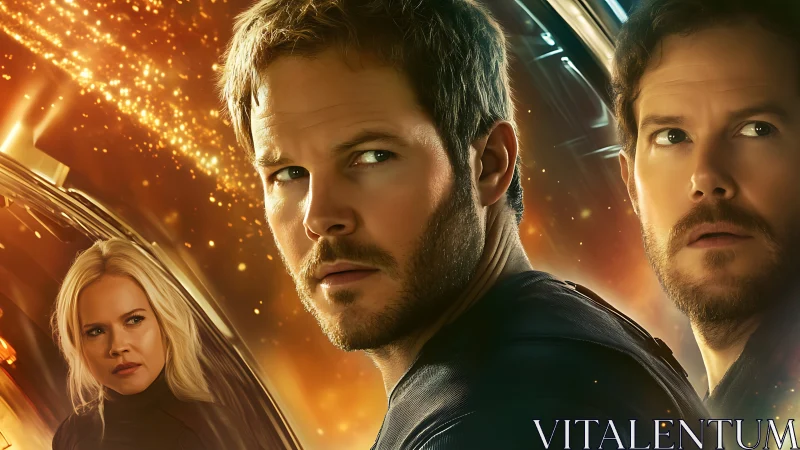 Bold sci fi heroes framed by glowing cosmic light.