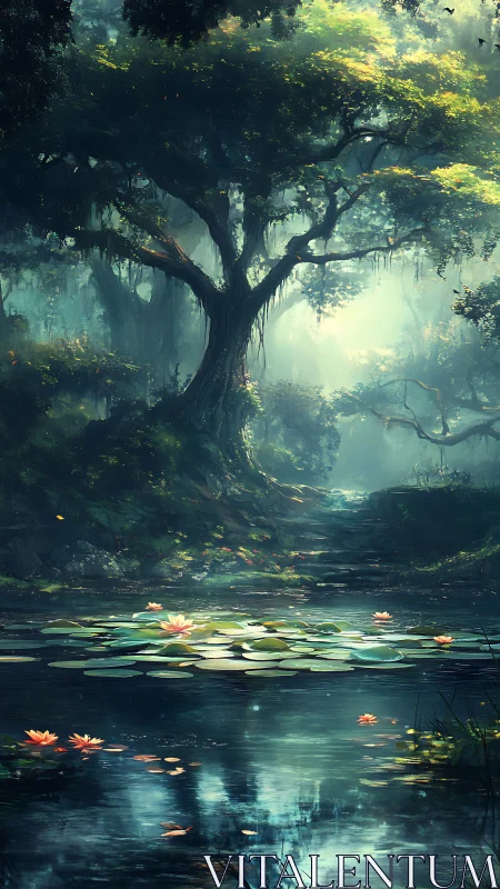 Enchanted forest pond reflects towering mossy tree