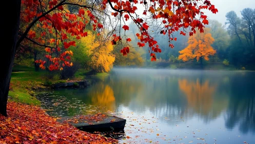 Autumn lake with red foliage and misty tree reflections.