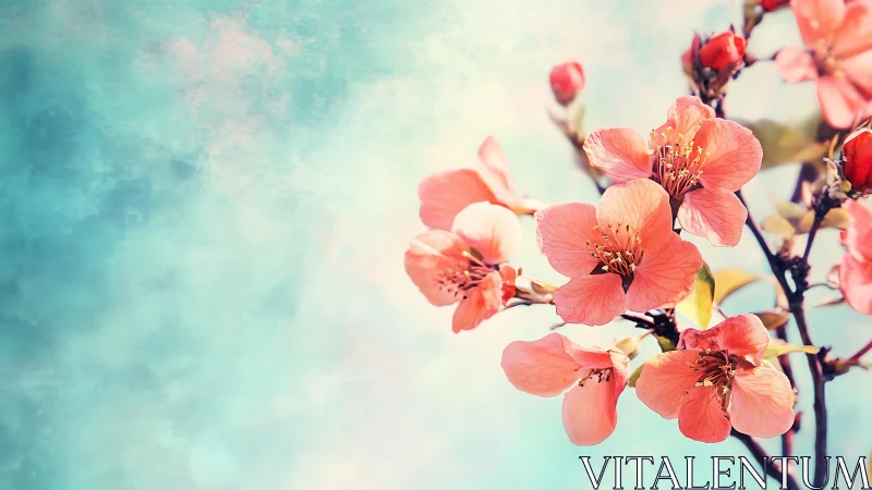 Coral blossoms against soft cyan sky with atmospheric depth