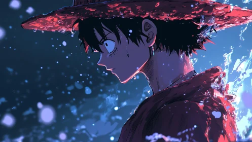 Straw hat boy stands in side profile under falling water