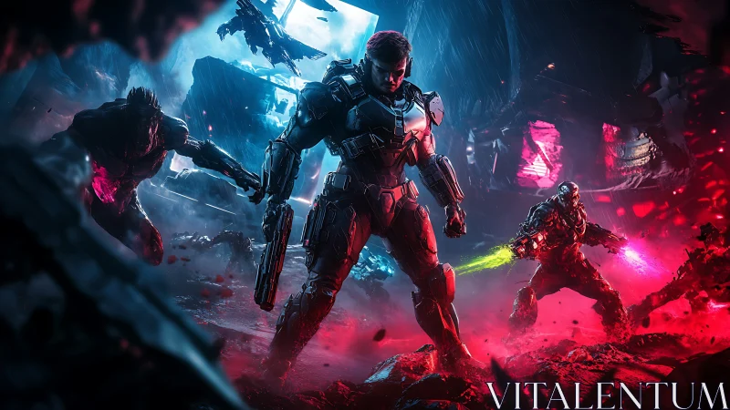 Armored soldier leads neon firefight on shattered alien street