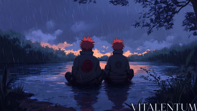 Two red haired figures sit by a rainy river at dusk