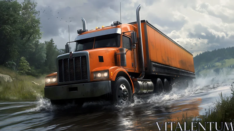 Storm-chasing orange semi truck surges through wild river road.