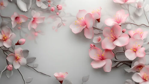 3D rendered pink cherry blossoms with yellow stamens arranged on gray branches