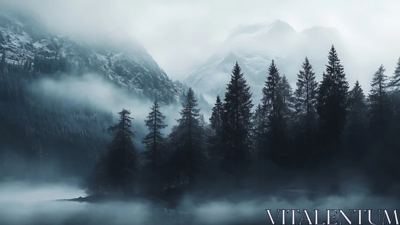 Silent pines guard a mist-drowned mountain valley at dawn.