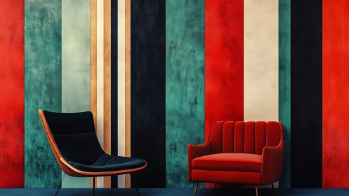 Modern lounge chairs against bold striped accent wall.