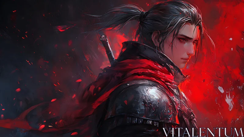 Stoic red-scarfed warrior standing in swirling ember light.