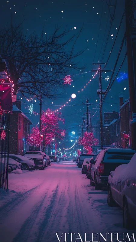 Snowy residential street at night under pink holiday lights