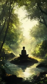 Meditative figure in luminous forest stream at sunrise.