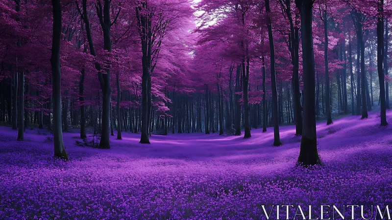 Enchanted Purple Forest Path Through Blooming Woodland