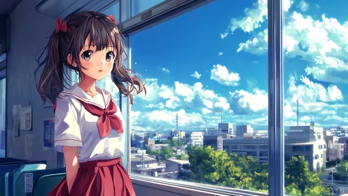 Schoolgirl on quiet train with clear cityscape view.