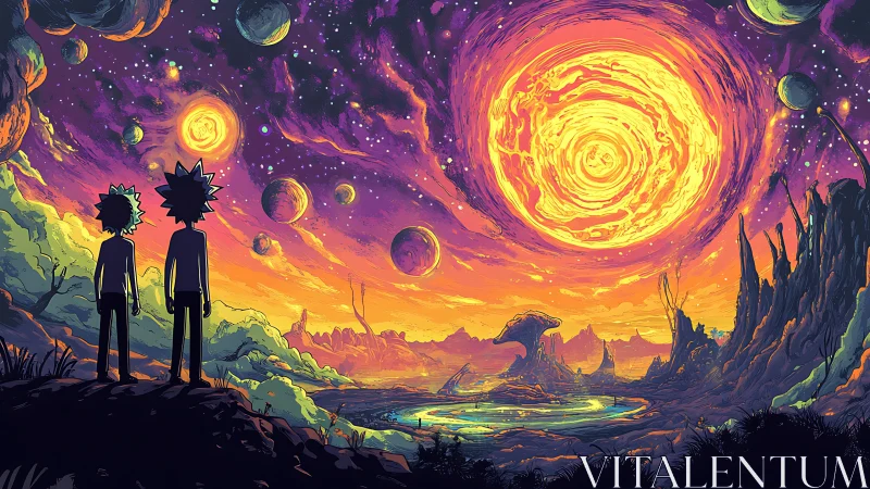 Twin silhouettes roam a neon cosmos under molten suns.