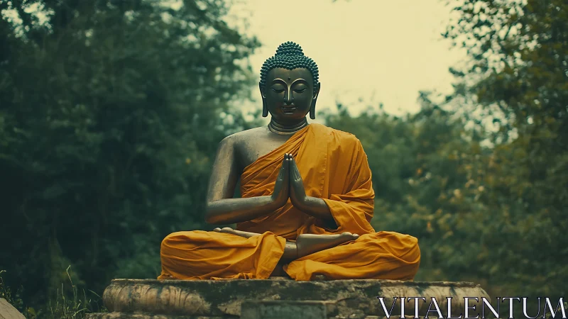 Buddha statue in orange robe sits meditating outdoors