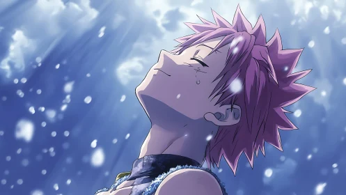 Pink haired anime boy tilts head skyward under drifting light