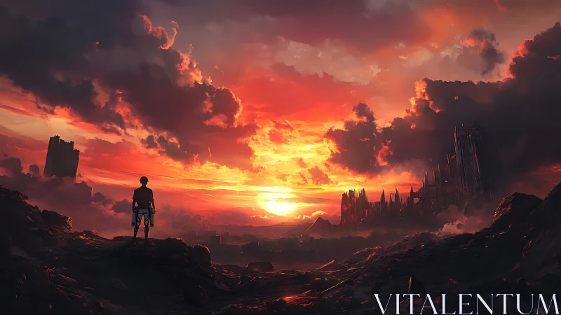 Lone survivor overlooks burning postapocalyptic city at dusk.