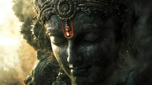 Serene close-up of ornate dark stone deity sculpture head.