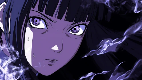 Fierce anime heroine surrounded by swirling violet power.