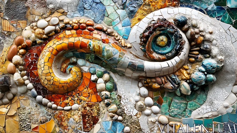 Curving reptile eye mosaic in rich stone and glass detail.