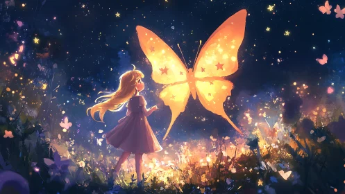 Luminous butterfly spirit illuminates a girl in a nocturnal meadow