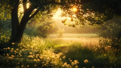 Golden hour sunlight filters through lush summer woodland