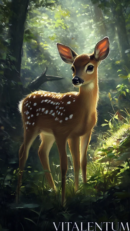 Digital painting study of a fawn in dappled forest light.