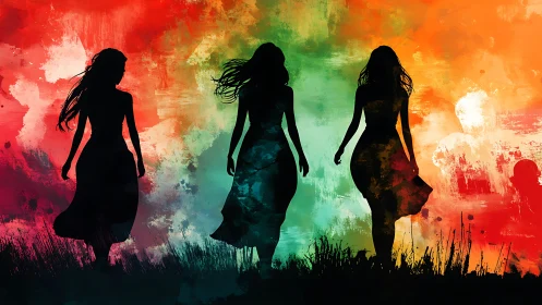 Silhouettes of Three Women Walking in Vibrant Watercolor Style.