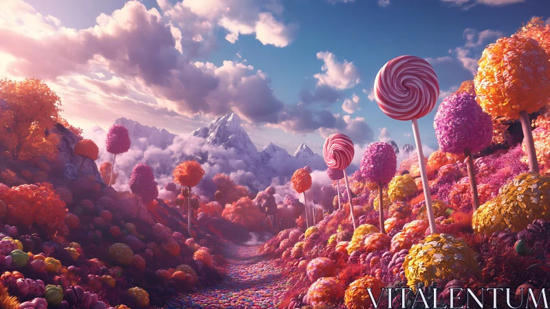 Fantastical Candy Landscape with Lollipop Trees Under Luminous Sky