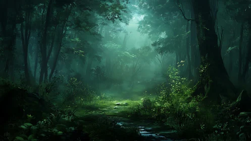 Enchanted Forest Sanctuary With Mystical Light.