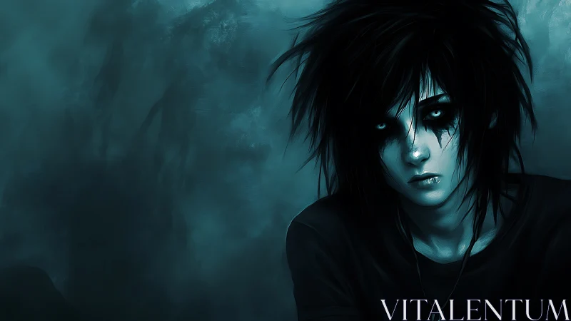 Moody monochrome emo portrait in atmospheric digital painting.