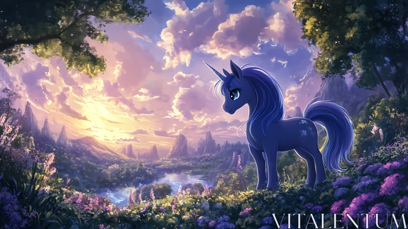Twilight unicorn gazes over a glowing enchanted valley.