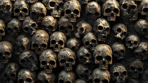 Dense arrangement of aged human skulls in layered rows.