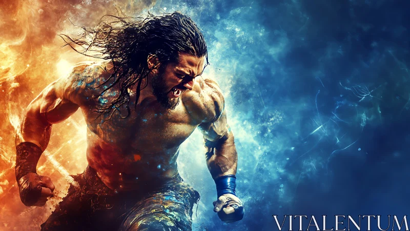 Warrior charges through fire and ice in explosive motion