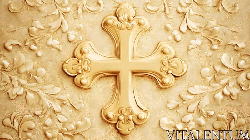 Ornate golden cross on embossed floral background, classic style. Ornate golden cross on embossed floral background, classic style.