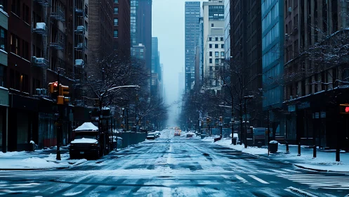 Quiet winter avenue stretches through a snow-dimmed cityscape