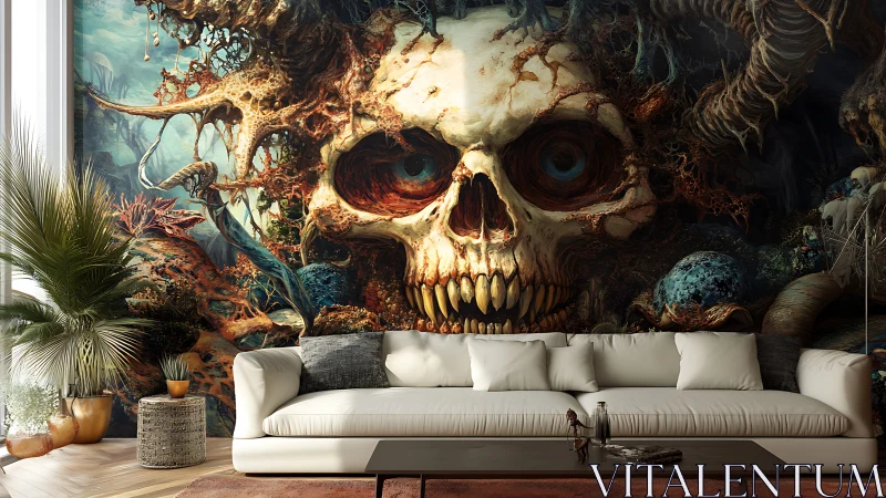 Gigantic demonic skull mural dominates a contemporary living room