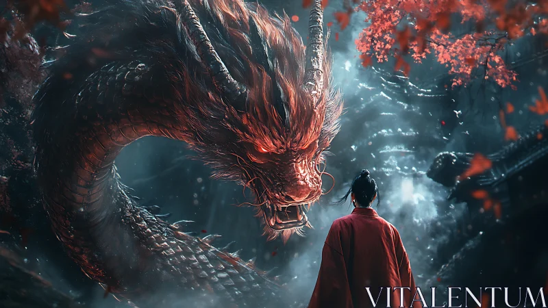Fiery oriental dragon confronts lone warrior amid scarlet leaves