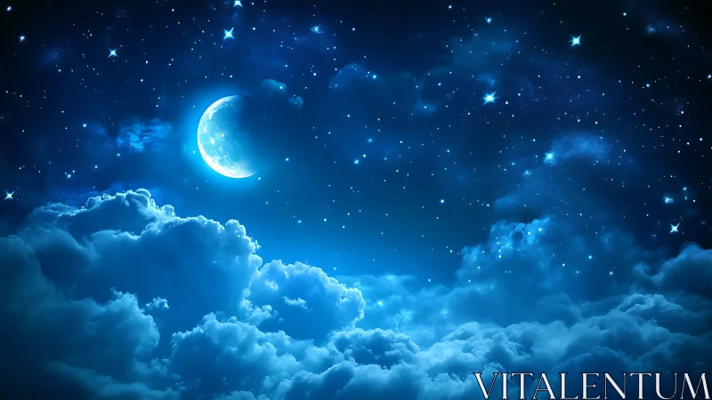 Moonlit clouds drifting through a sparkling midnight sky.